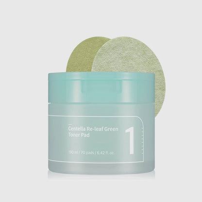 numbuzin No.1 Centella Re-Leaf Green Toner Pad -&nbsp; dual-sided, vegan toner pads infused with a gentle toner formulated with heartleaf, cica and licorice root extract to calm and soothe skin, replenishing skin's moisture barrier.