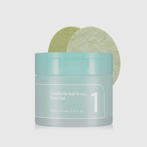 numbuzin No.1 Centella Re-Leaf Green Toner Pad -&nbsp; dual-sided, vegan toner pads infused with a gentle toner formulated with heartleaf, cica and licorice root extract to calm and soothe skin, replenishing skin's moisture barrier.
