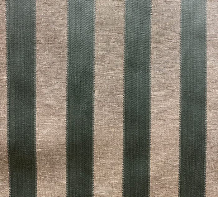 A fabric with vertical stripes in beige and gray colors, likely used for upholstery or drapery.