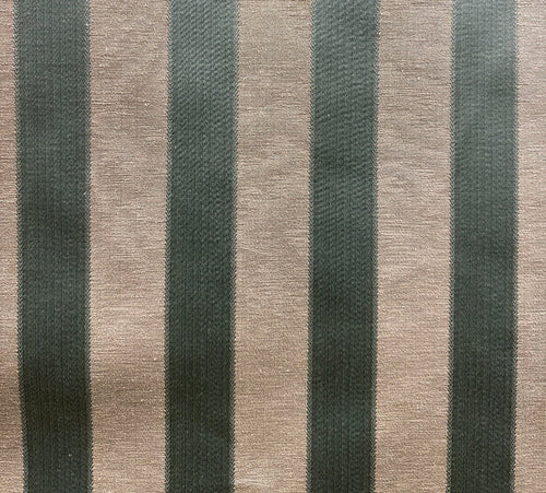 A fabric with vertical stripes in beige and gray colors, likely used for upholstery or drapery.