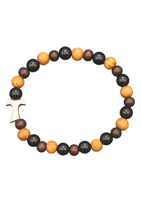 Olive Wood & Glass Bead Tau Cross Bracelet