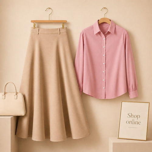 PINK BUTTON DOWN WITH BEIGE COTTON TWILL SKIRT