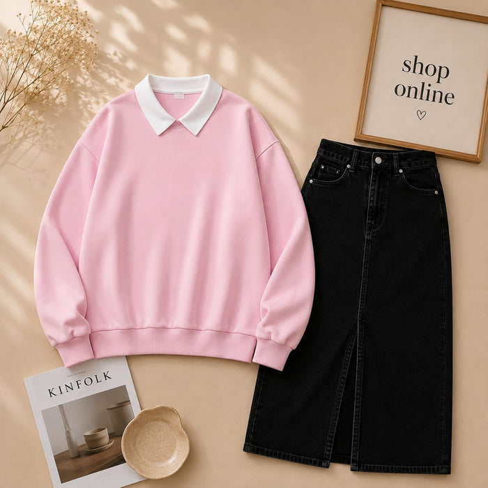 PINK COLLAR SWEATSHIRT WITH BLACK SHIRT