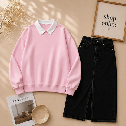 PINK COLLAR SWEATSHIRT WITH BLACK SHIRT