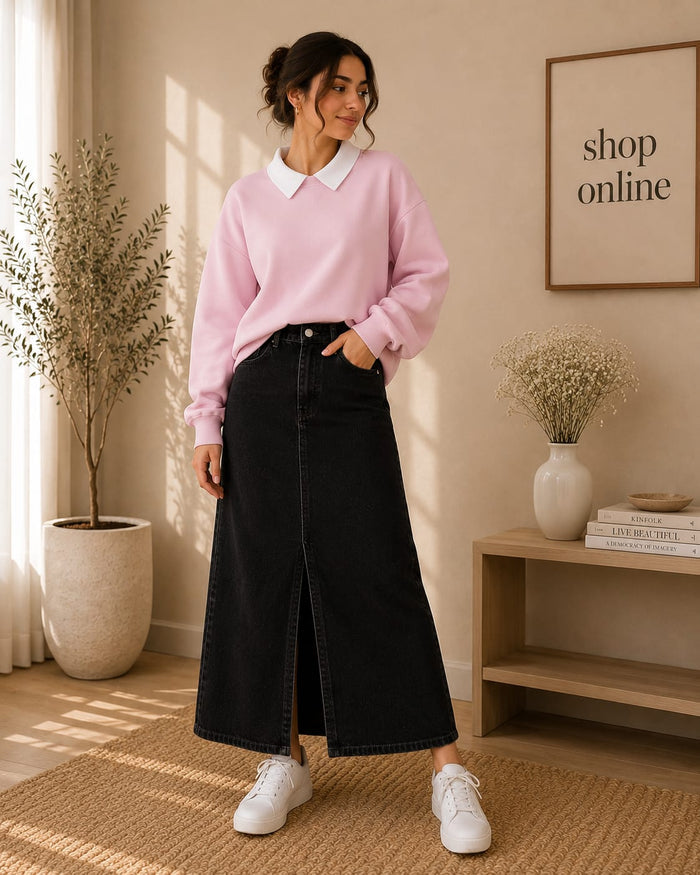PINK COLLAR SWEATSHIRT WITH BLACK SHIRT