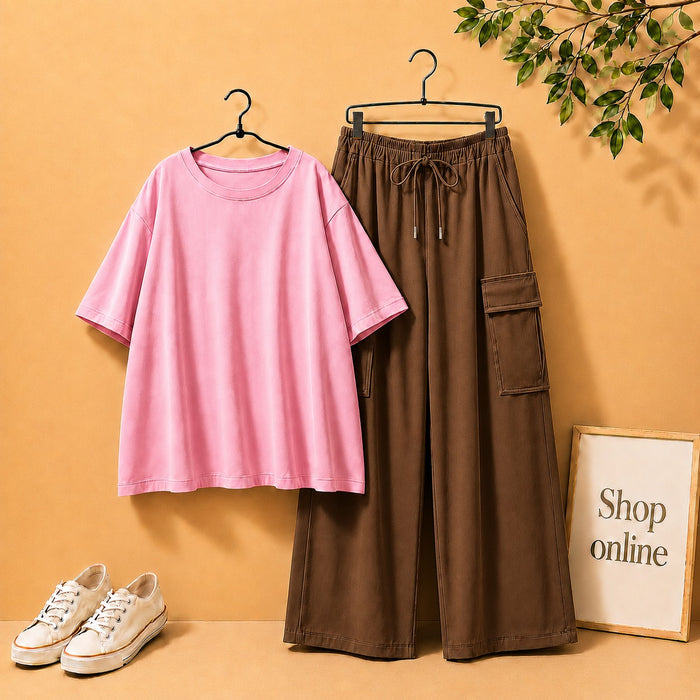 PINK DROP SHOULDER TEE SHIRT WITH DARK BROWN CARGO TROUSER
