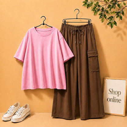 PINK DROP SHOULDER TEE SHIRT WITH DARK BROWN CARGO TROUSER