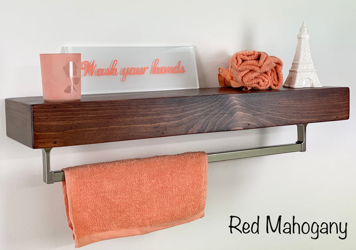 Red Mahogany Floating Shelf - Square Satin Nickel Towel Bar