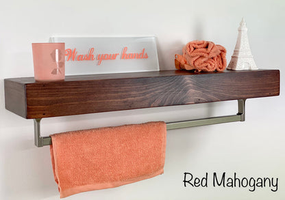 Red Mahogany Floating Shelf - Square Satin Nickel Towel Bar
