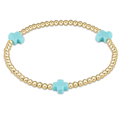 Signature Cross Gold Pattern 3mm Bead Bracelet Turquoise