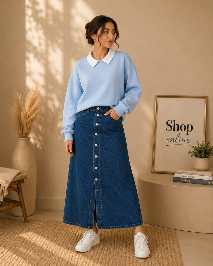 SKY BLUE COLLAR SWEATSHIRT WITH MID BLUE SHIRT
