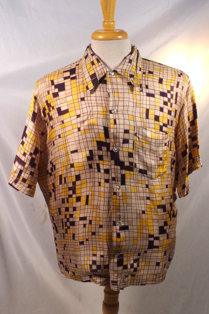 Snazzy Arrow Checkered Rayon Short-Sleeved Shirt - Sz 17-17.5