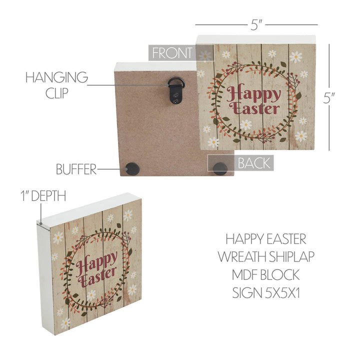 Spring In Bloom Happy Easter w/ Wreath Shiplap MDF Block Sign 5x5x1