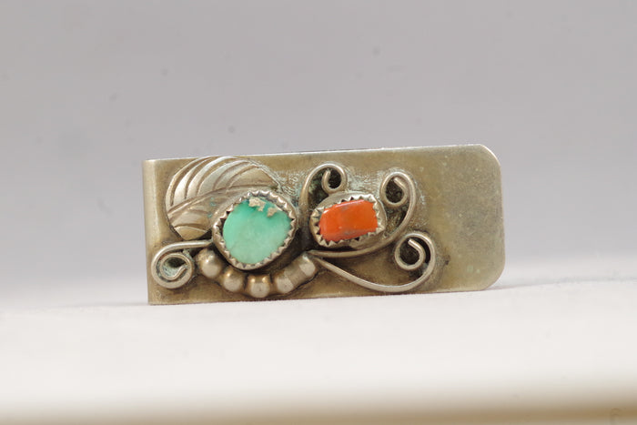 Turquoise and Red Coral Southwestern Silver Money Clip