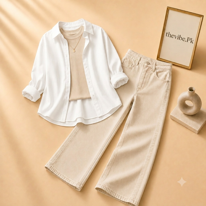 WHITE BUTTON DOWN SHIRT  WITE BEIGE TANK TOP BEIGE WIDE LEG JEANS (3Pcs)