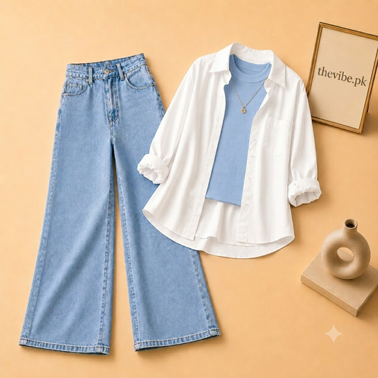 WHITE BUTTON DOWN SHIRT  WITE SKY BLUE TANK TOP SKY BLUE WIDE LEG JEANS (3Pcs)