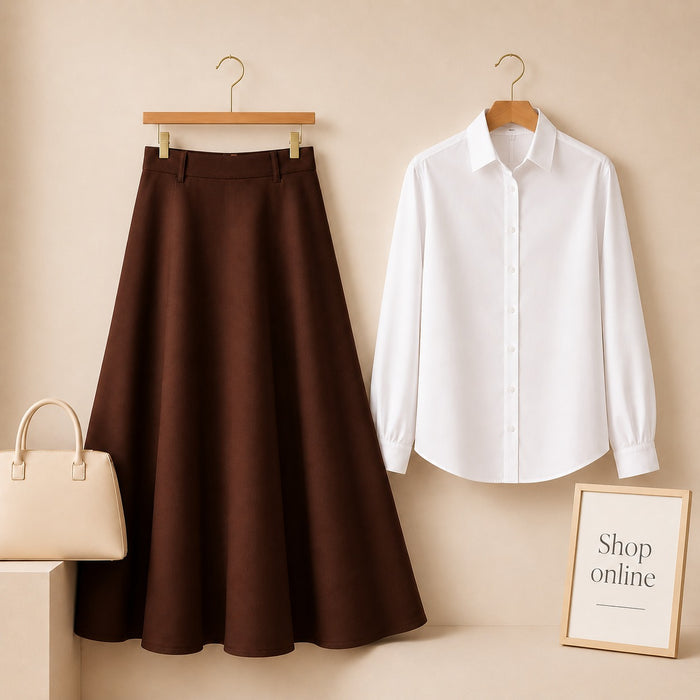 WHITE BUTTON DOWN WITH DARK BROWN COTTON TWILL SKIRT