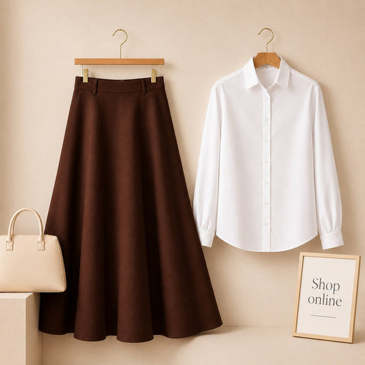 WHITE BUTTON DOWN WITH DARK BROWN COTTON TWILL SKIRT