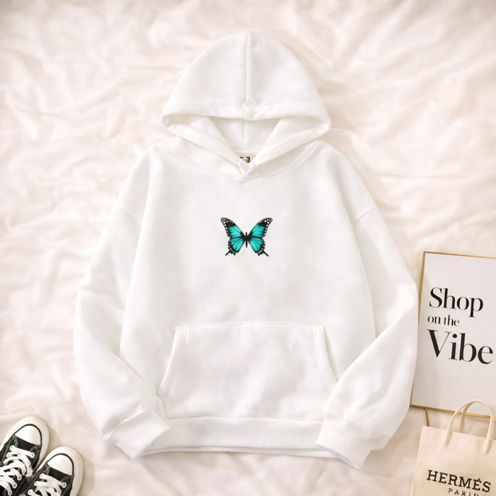 WHITE HOODIE WITH BLUE BUTTERFLY