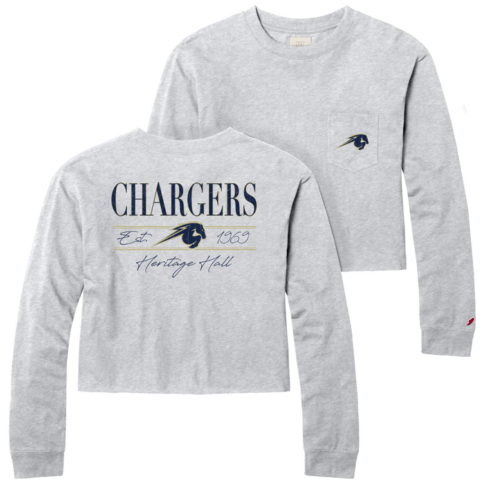 Women's Long Sleeve cropped pocket tee, ash, horse logo with back Chargers Est 1969 HHall