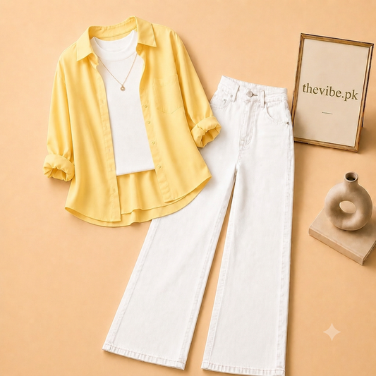 YALLOW  BUTTON DOWN SHIRT  WITH  WHITE  TANK TOP WHITE WIDE LEG JEANS (3Pcs)