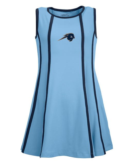 Youth Paige dress, blue with navy accent, horse logo