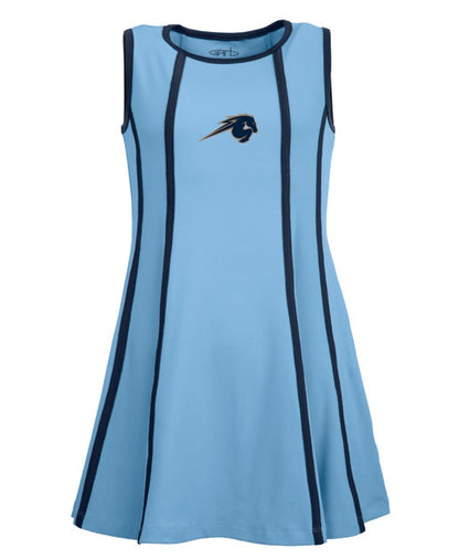Youth Paige dress, blue with navy accent, horse logo
