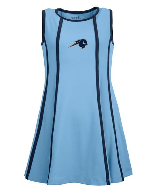 Youth Paige dress, blue with navy accent, horse logo